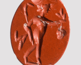 Intaille Satyre tenant une grappe - Jaspe rouge 9 x 7 x 3 mm - Antiquité IIe (…)