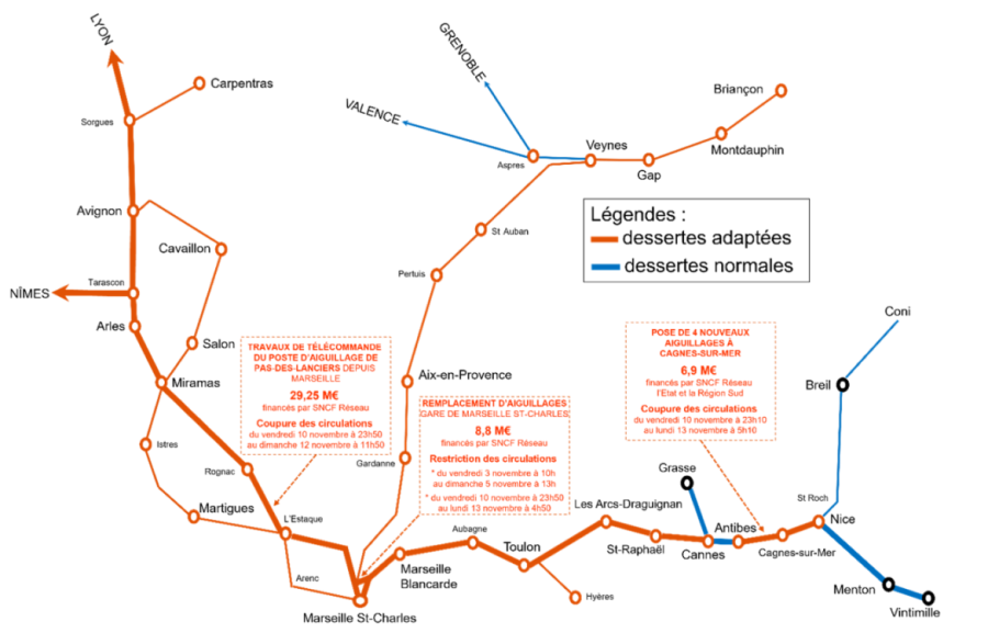 Restrictions des circulations ferroviaires - Novembre 2023 {PNG}